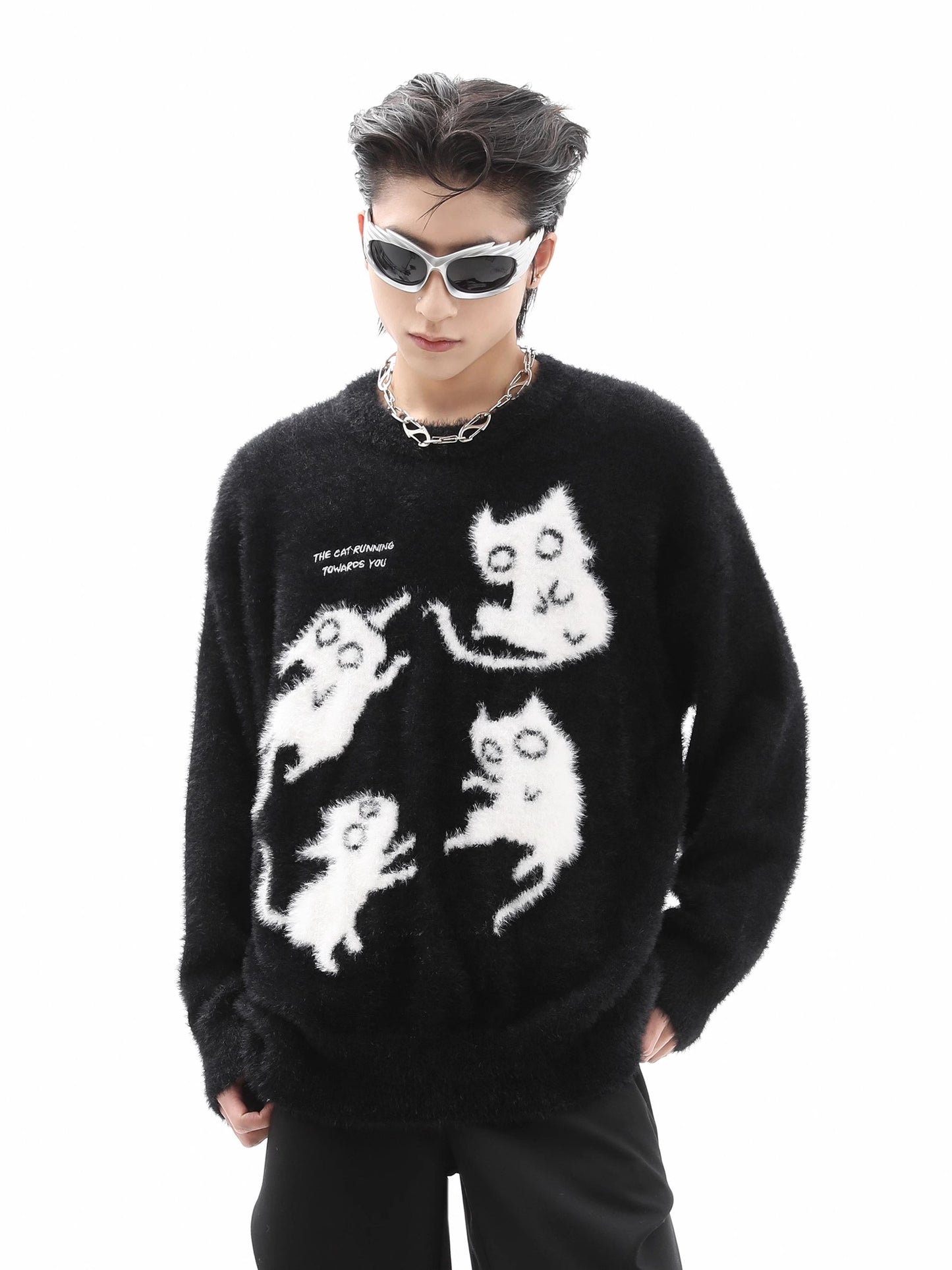 Cat Design Oversize Knit Sweater WN10239