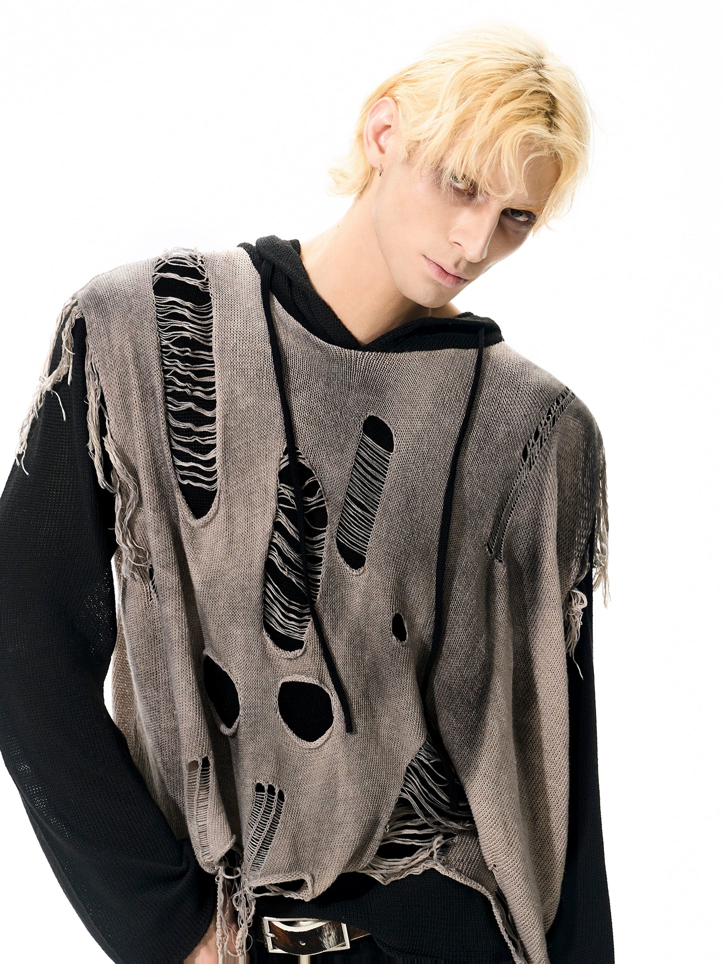 Washed Damage Fake Layered Knit Hoodie WN21964