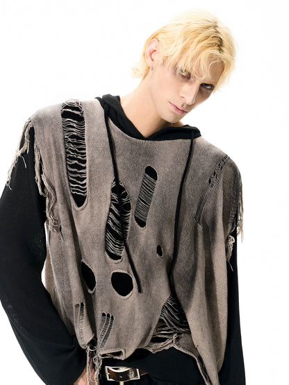 Washed Damage Fake Layered Knit Hoodie WN21964