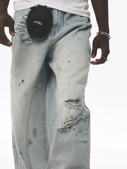 Damage Center Seam Washed Wide Leg Denim Jeans WN17791