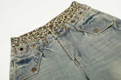 Leopard Waistband Washed Whisker Wide Leg Denim Jeans WN25566