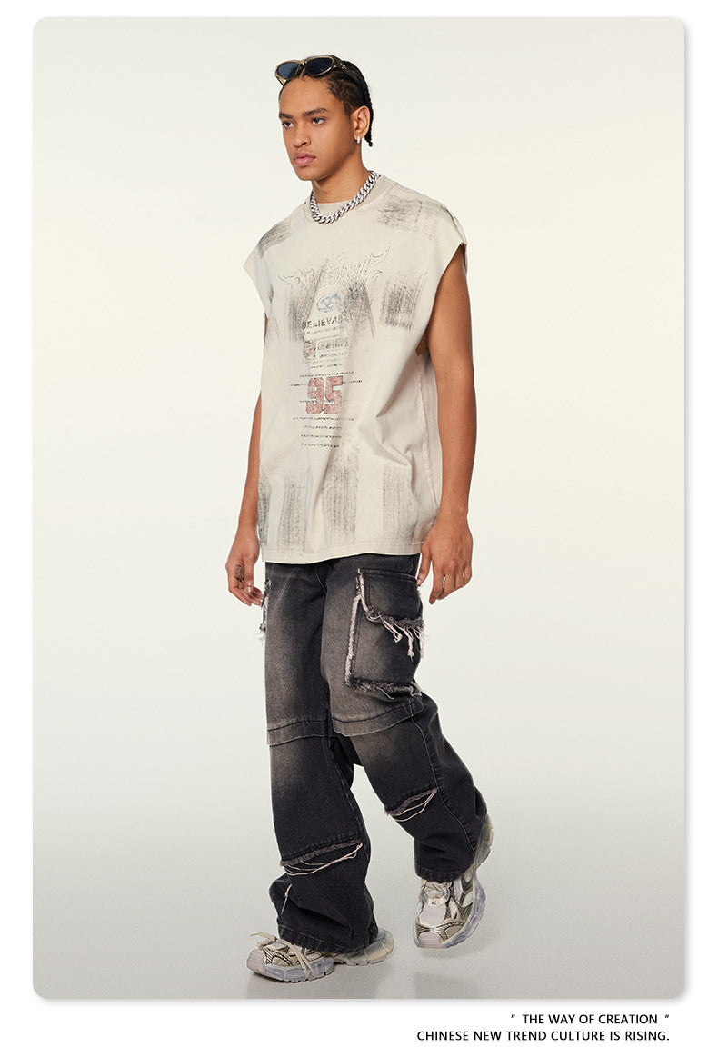 Washed Damage Print Oversize Tank Top T-shirt WN6391