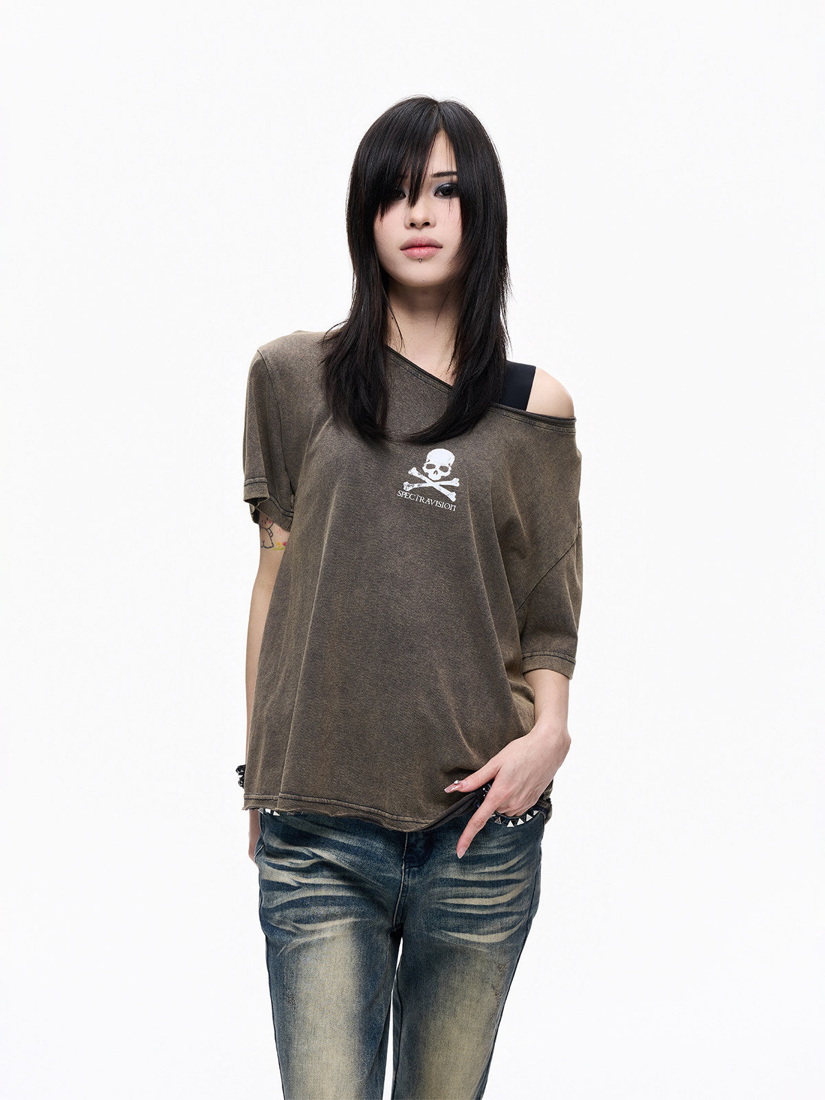 Skull Print Off-Shoulder Fake Layered Short Sleeve T-Shirt WN27279