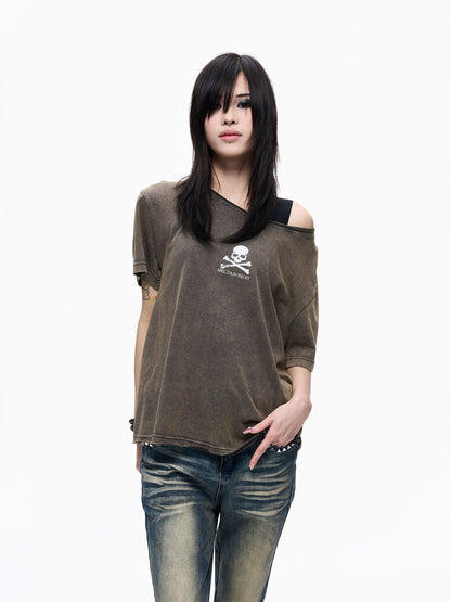 Skull Print Off-Shoulder Fake Layered Short Sleeve T-Shirt WN27279