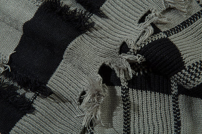 Damage Hem Colorblock Striped Knit Sweater WN11454