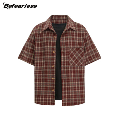 Plaid Fake Layered Boxy Short Sleeve Shirt WN26370