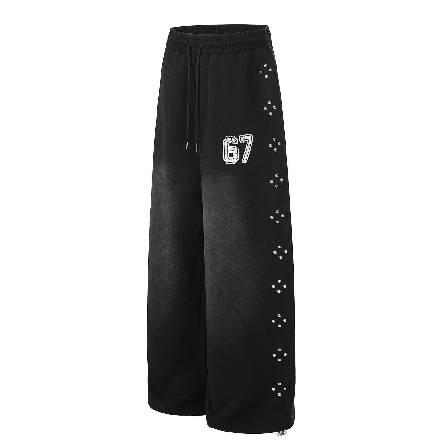 Washed Studs Number Print Wide Leg Pants WN25536