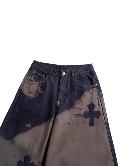 Cross Paint Graphic Wide Leg Denim Jeans WN27972