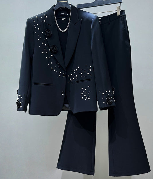 Beaded Rhinestone Tailored Jacket & Flare Trousers Setup WN23870