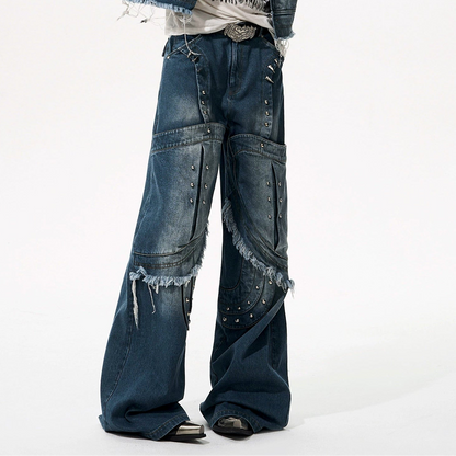 Deconstruction Rivet Design Washed Damege Denim Jacket & Denim Jeans Setup WN21969