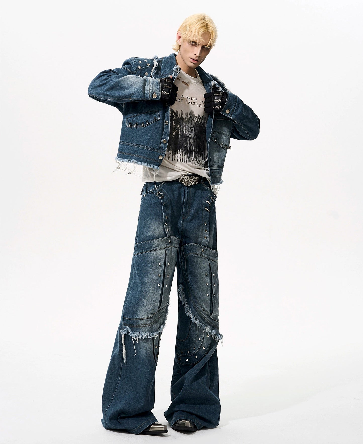 Deconstruction Rivet Design Washed Damege Denim Jacket & Denim Jeans Setup WN21969