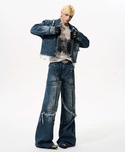 Deconstruction Rivet Design Washed Damege Denim Jacket & Denim Jeans Setup WN21969