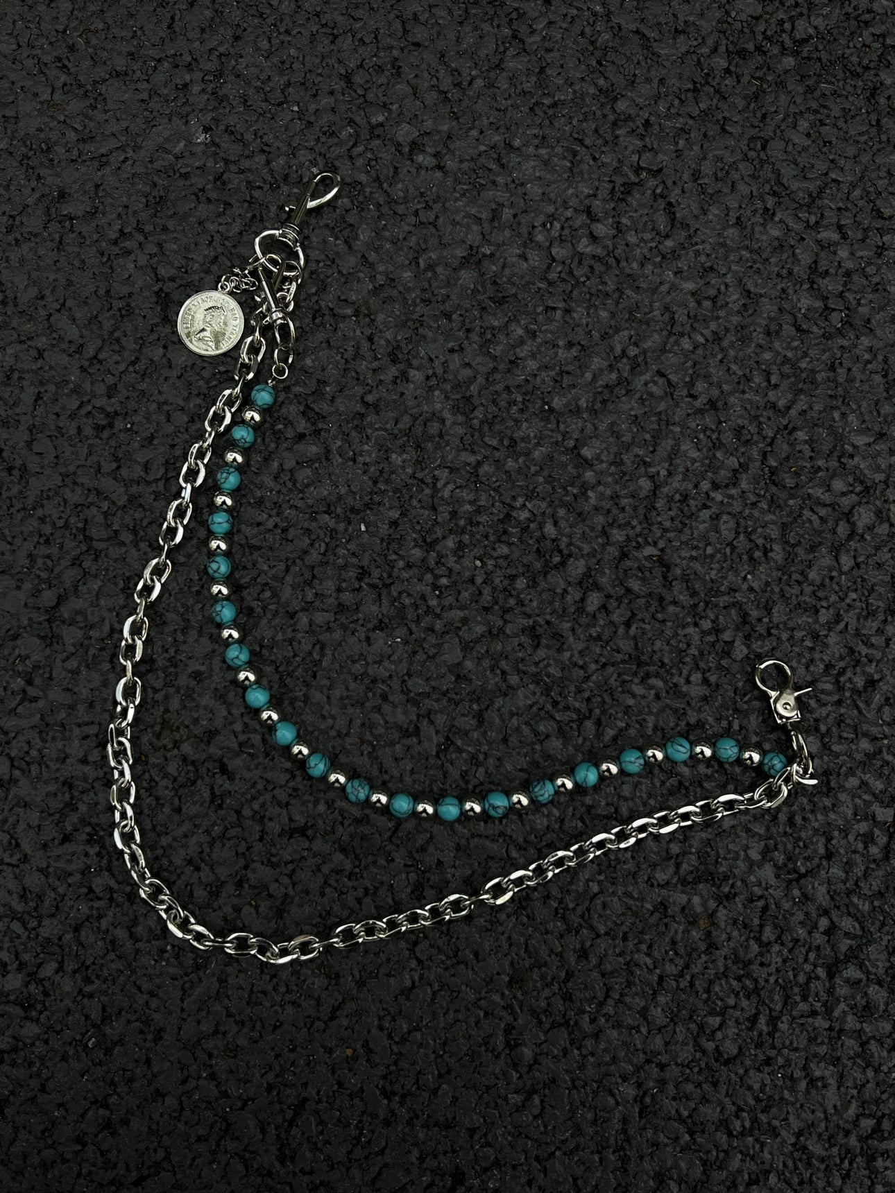 WN23191 Another Day x Blue Background Black Turquoise Hand-Beaded Jeans Chain Street Hanging Chain Detachable on One Side WN23191