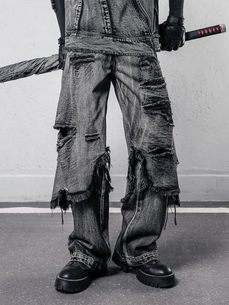 Tactical Fake Layered Damage Fringe Denim Jeans WN22418