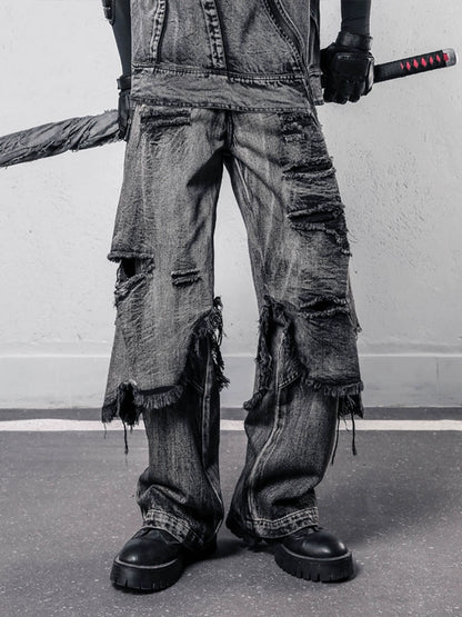 Tactical Fake Layered Damage Fringe Denim Jeans WN22418