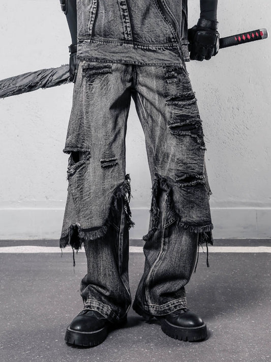 Tactical Fake Layered Damage Fringe Denim Jeans WN22418