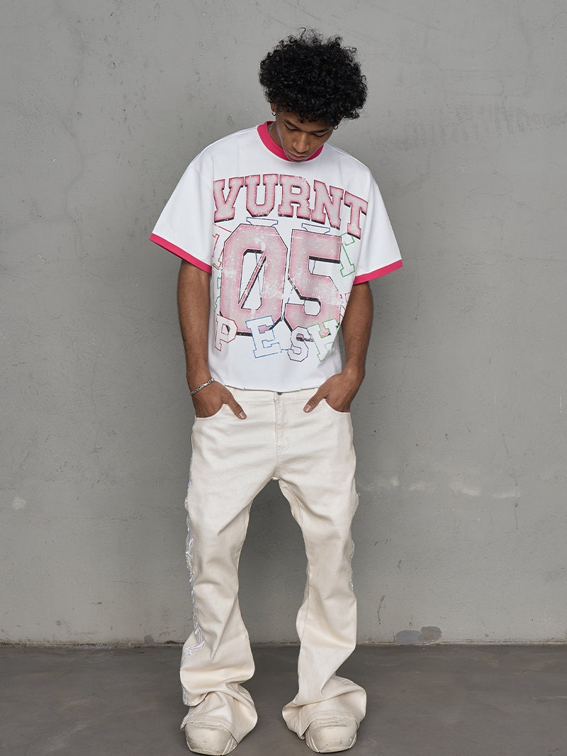 Contrast Collar Art Print Short Sleeve T-Shirt WN20997