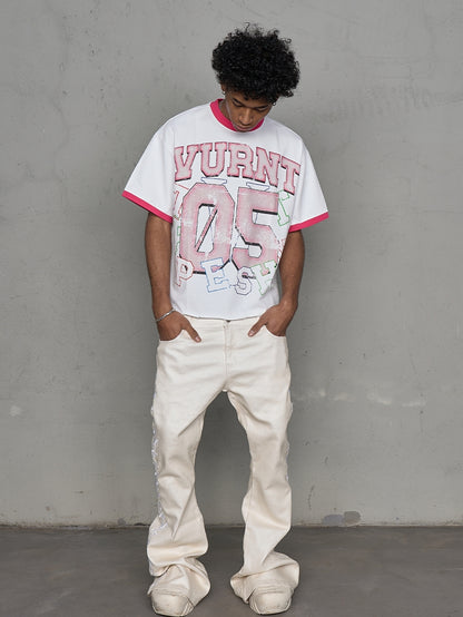 Contrast Collar Art Print Short Sleeve T-Shirt WN20997