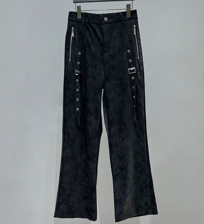 Strap Zipper PU Leather Straight Pants WN23859