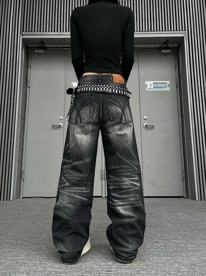 Washed Fade Whisker Wide Leg Denim Jeans WN24174