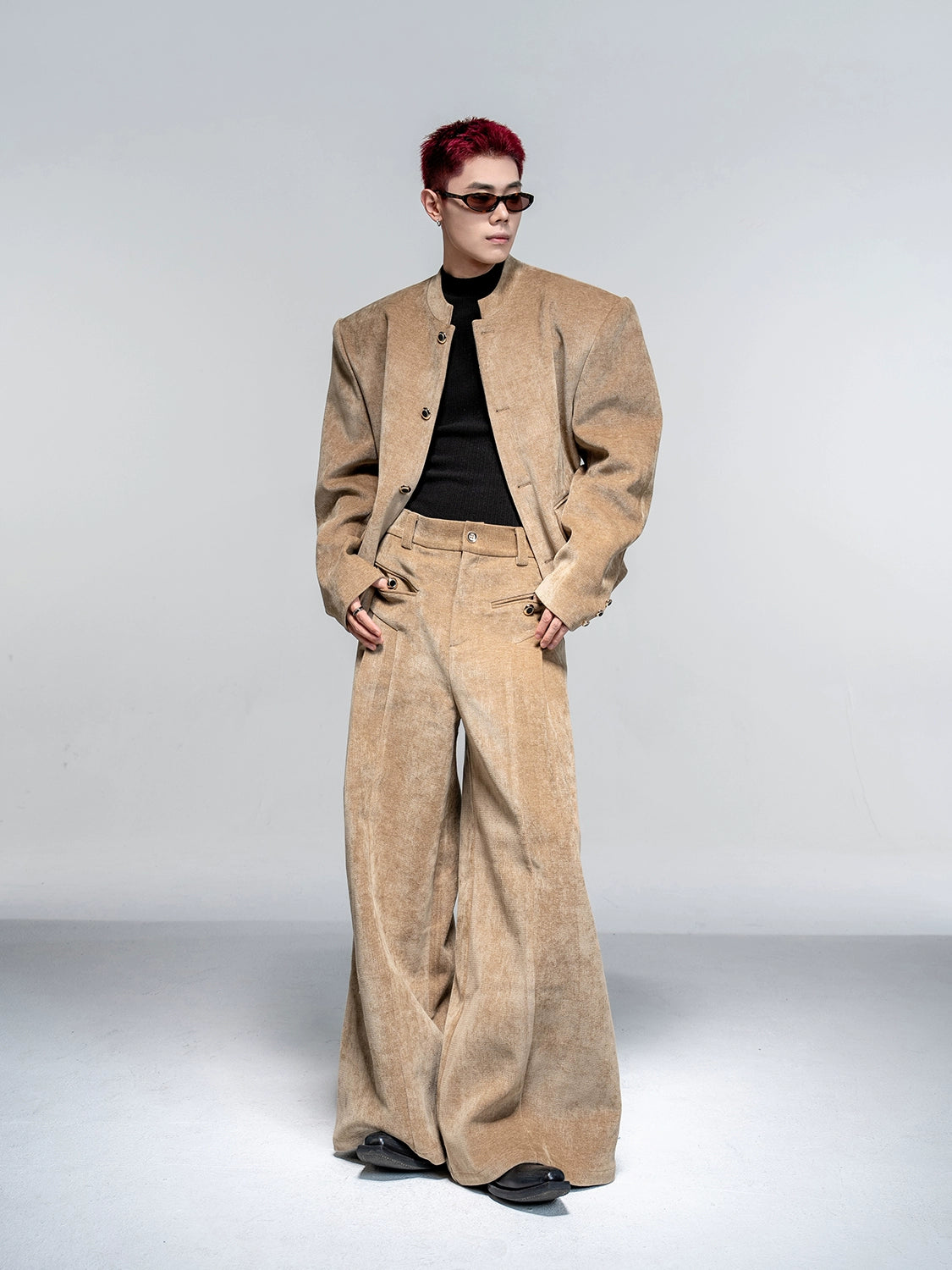 Shoulder-Pad Velvet Tailored Jacket & Wide Leg Trousers Setup WN20882