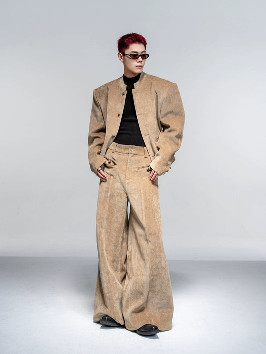 Shoulder-Pad Velvet Tailored Jacket & Wide Leg Trousers Setup WN20882