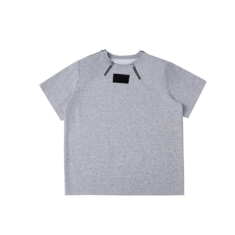 Shoulder Pad Metal Zipper Design Short Sleeve T-Shirt WN5058