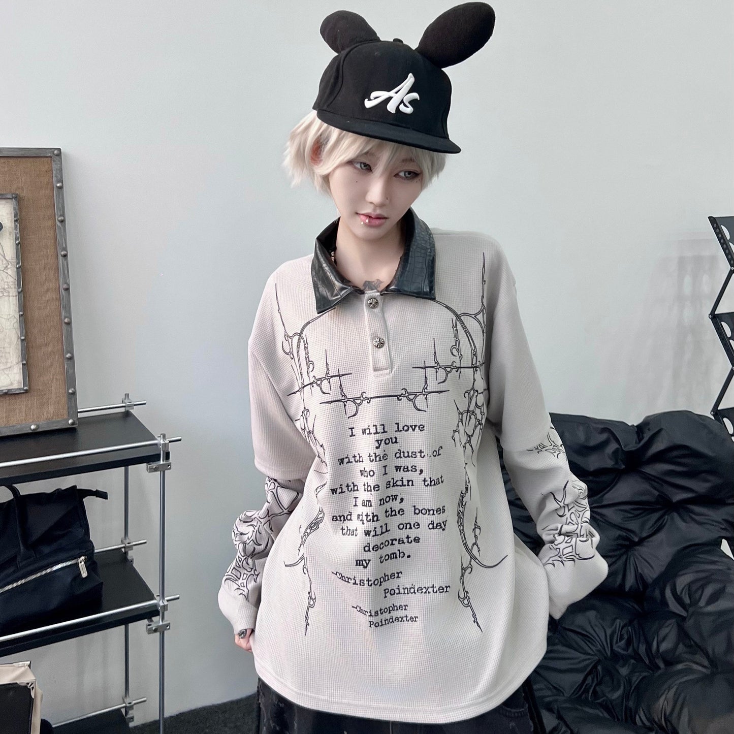 Dark Print Fake Layered Waffle Long Sleeve Polo T-Shirt WN24207