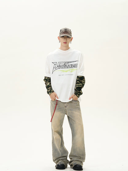 Cracked Letter Splicing Camouflage Fake Layered Long Sleeve T-shirt WN8422