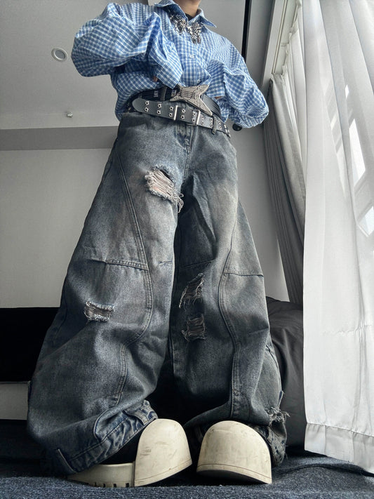 Wash Curved Hem Reverse Waistband Heavyweight Wide Leg Denim Jeans WN18111