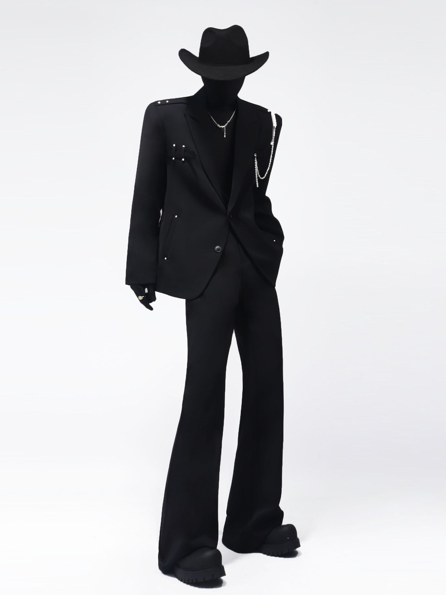 Chain Decor Tailored Jacket & Wide Leg Trousers Setup WN23664