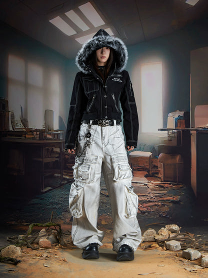 Embroidery Detachable Fur-Collar Denim Jacket WN21352