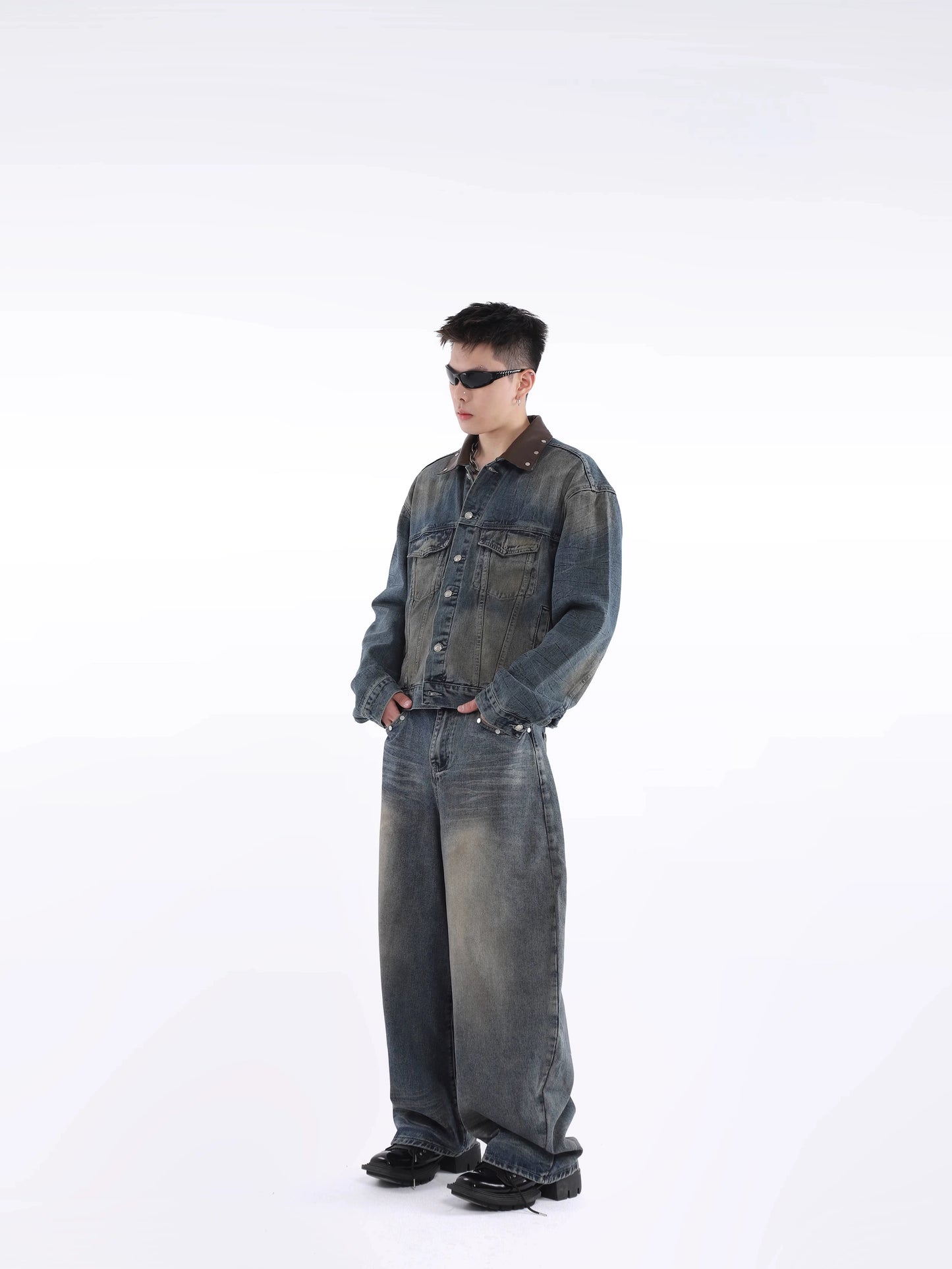 Patchwork Design Oversize Denim Jacket & Wide Leg Denim Jeans Setup WN20639