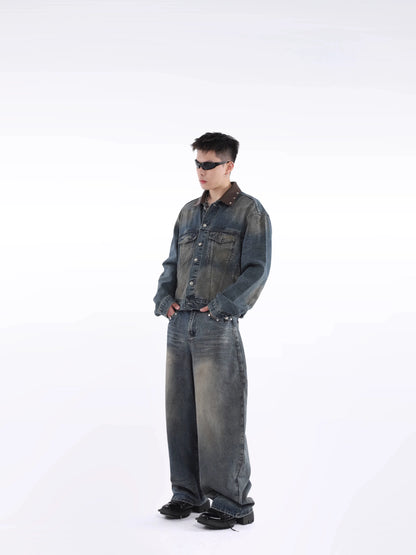 Patchwork Design Oversize Denim Jacket & Wide Leg Denim Jeans Setup WN20639