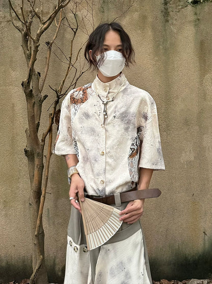 Chinese Style Jacquard Hollow Texture Stand Neck Short Sleeve Shirt WN19997