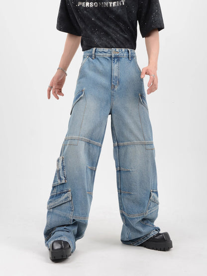 Washed Multi-Pocket Wide-Leg Straight Cargo Denim Jeans WN7141