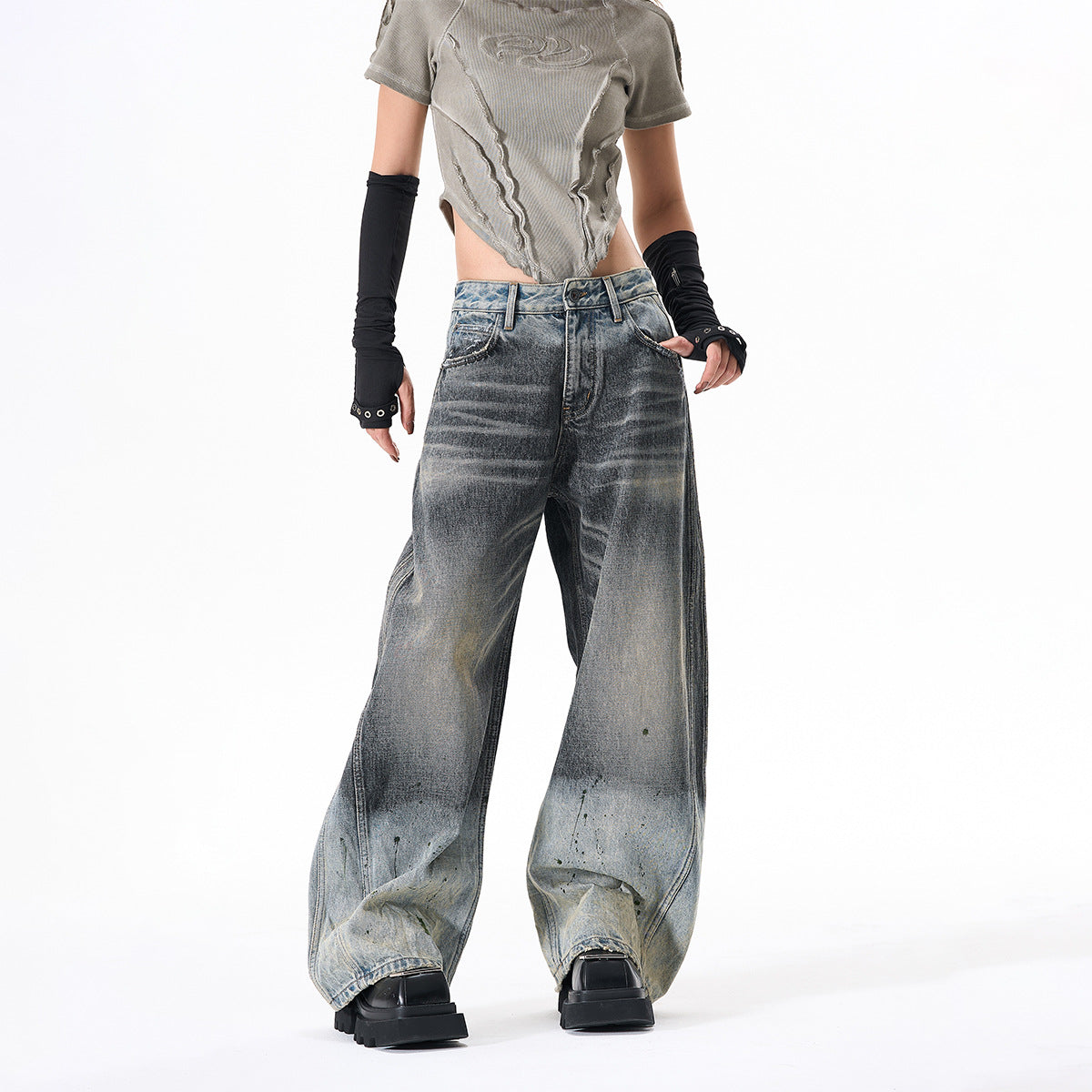 Paint Print Wide Leg Denim Jeans WN23101