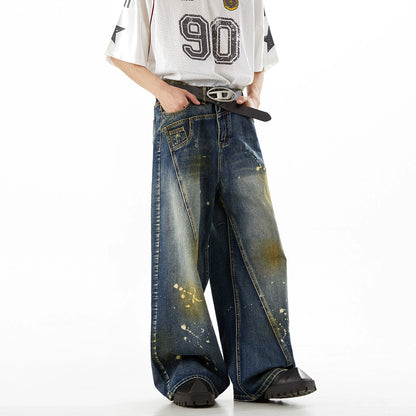 Paint-Splatter Wide-Leg Straight Denim Jeans WN10420