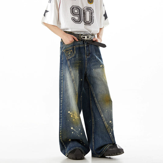 Paint-Splatter Wide-Leg Straight Denim Jeans WN10420