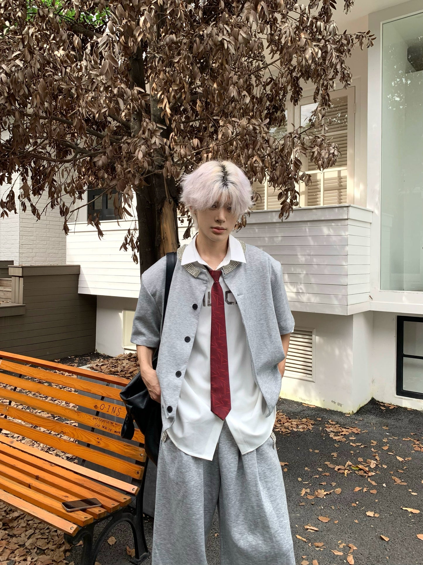 Hand-Beaded Short Sleeve Shirt & Wide Leg Sweatpants Setup WN19813