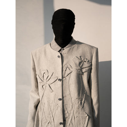 3D Floral Applique Collarless Jacket & Wide-Leg Trousers Setup WN23642