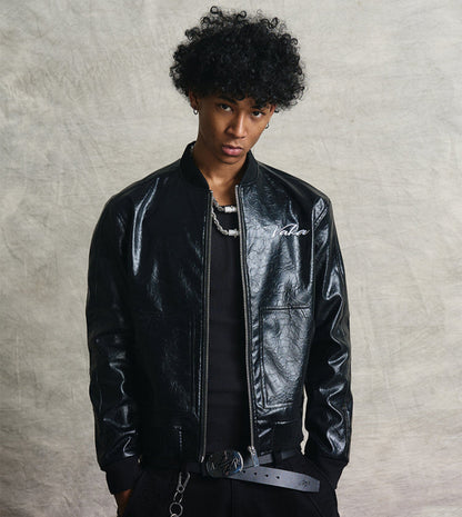 Wrinkle Texture Embroidery PU Leather Jacket WN20977