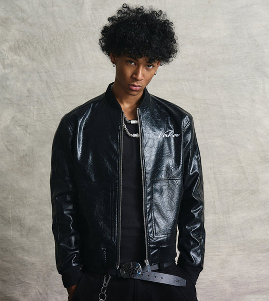 Wrinkle Texture Embroidery PU Leather Jacket WN20977