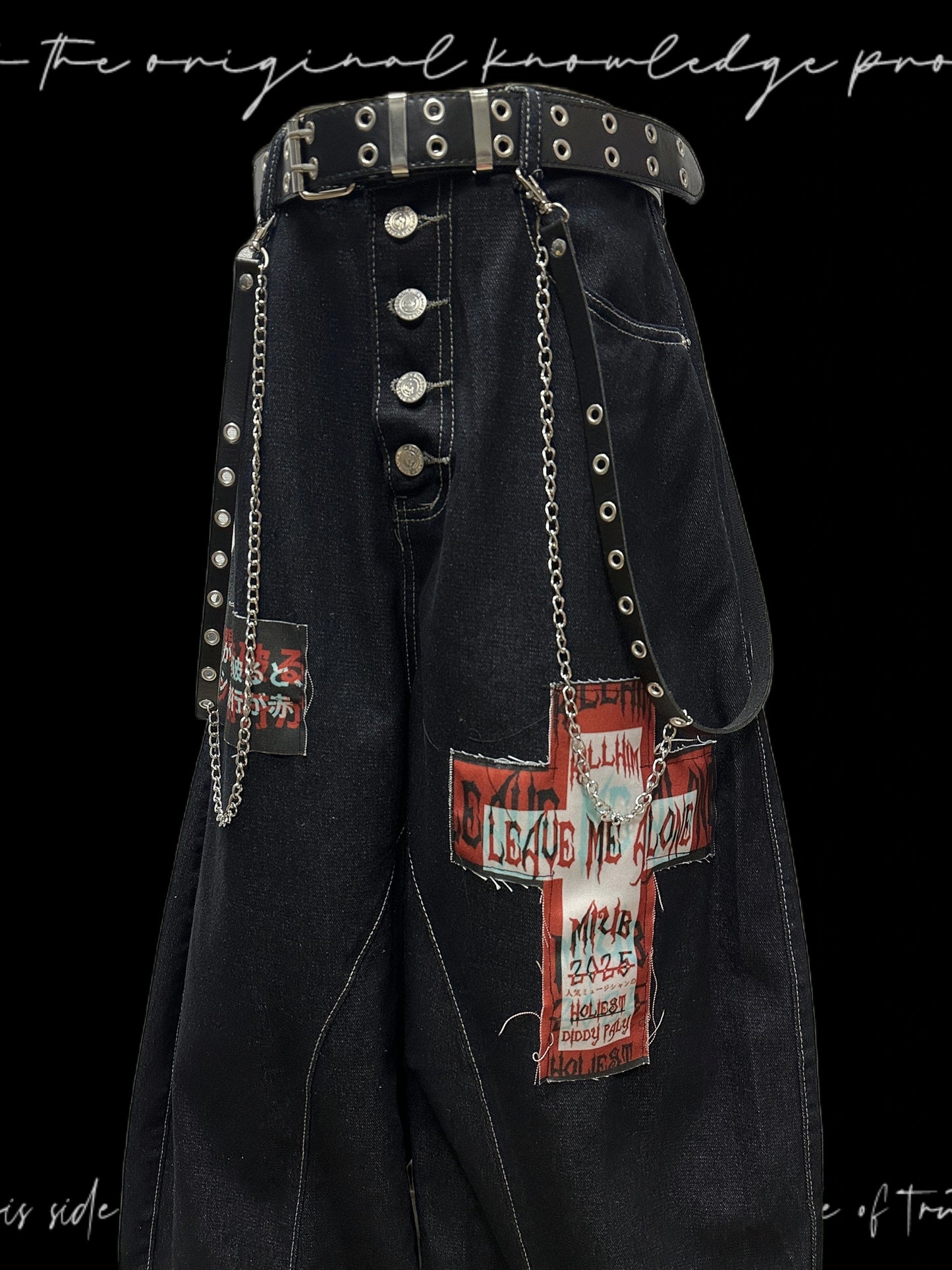 Graphic Patchwork Scimitar Wide Leg Denim Jeans & Belt & Chain & Scarf WN20132