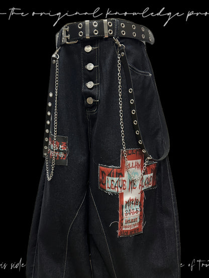 Graphic Patchwork Scimitar Wide Leg Denim Jeans & Belt & Chain & Scarf WN20132