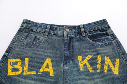 Washed Multi Pocket Letter Print Denim Half Jeans WN25994