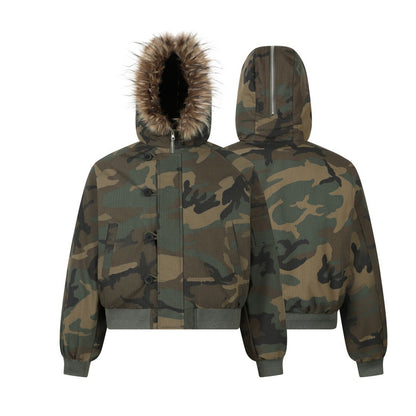 Fake Fur Collar Camouflage Short Puffer Jacket WN21932