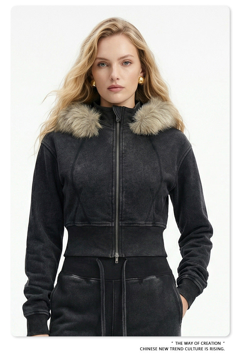 Fake Fur Lining Zip-Up Cropped Zipper Hoodie WN23115