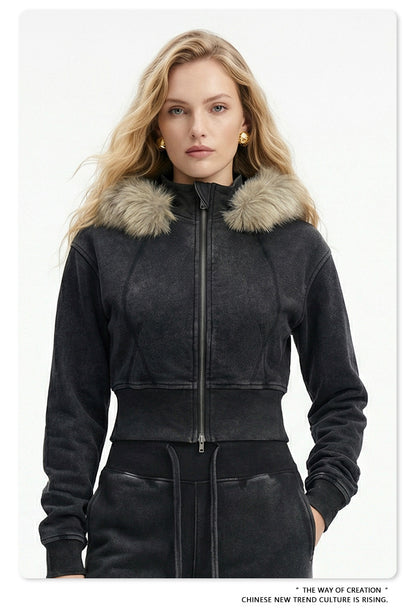 Fake Fur Lining Zip-Up Cropped Zipper Hoodie WN23115