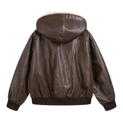 Hooded Fake Fur Lining Zip-Up PU Leather Jacket WN23081